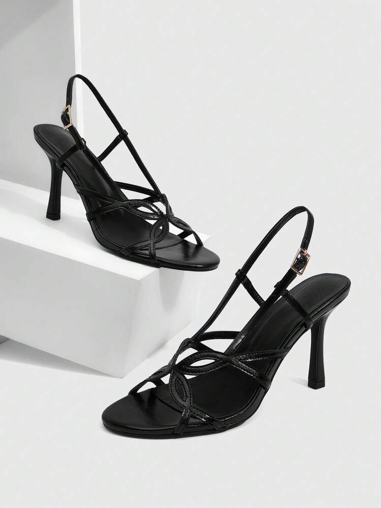 CUCCOO SZL Women Shoes Black Oily Leather PU Hollow Buckle Elements Fashionable Sexy Spring And Summer Catwalk Round Toe High Heel Sandals Prom Heels