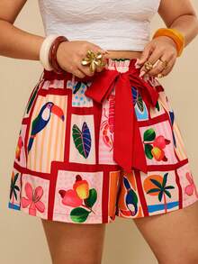 Travachic 大码纸袋腰带棕榈树图案短裤 - 彩色 - 查看 6