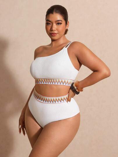 Elaquor Plus Size Women Summer Beach Wavy Striped One-Shoulder Fashionable Tankini Swimwear Set