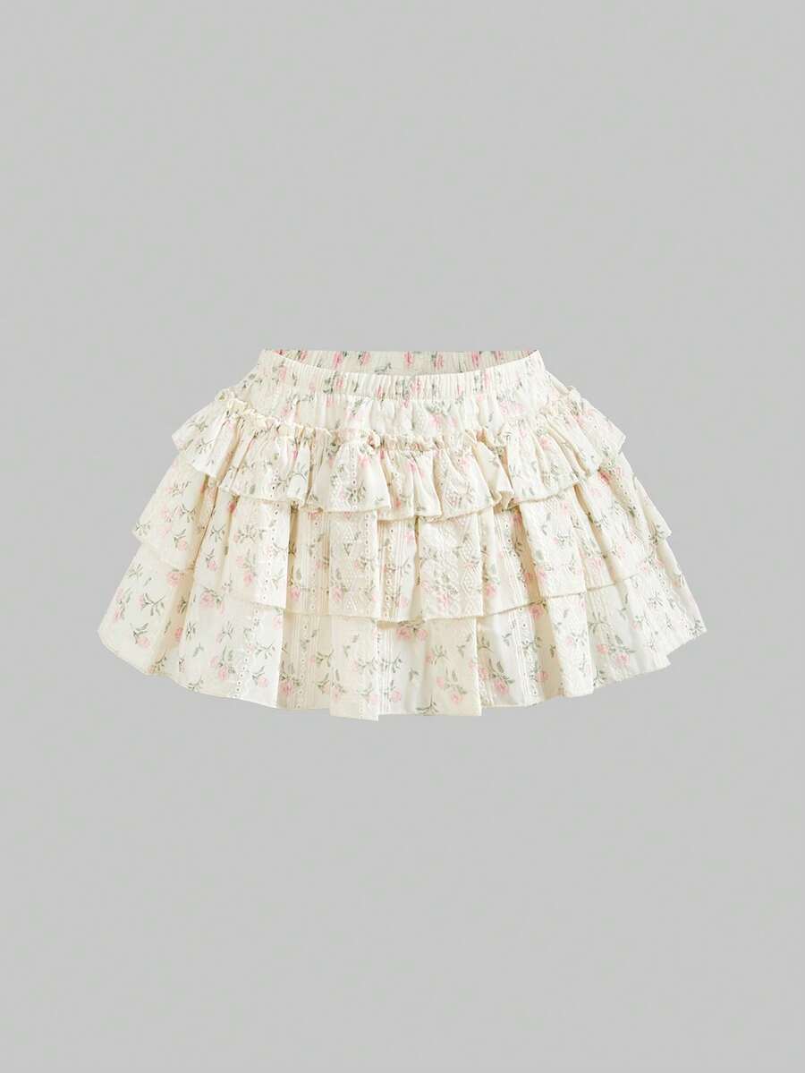 Sweetness Women's Vintage Ditsy Floral Ruffled Hem Low Waist Mini Skirt, Textured Fabric For Vacation - White - View 1
