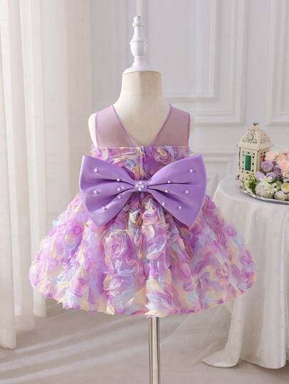 SHEIN Glamorique Kids Baby Girls' Purple 3D Floral Dress, Colorful Embroidered Tulle & Satin Puff Sleeve Dress With Bow Back, Beaded Rose Flower Pageant Gown For Wedding, Birthday, Party