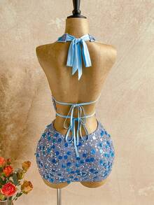Soleia Alça Fina com Decote Drapeado de Lantejoulas e Amarração na Frente, Sem Costas, Adequado para Chá da Tarde, Rua, Férias, Festa - Azul - Visão 2