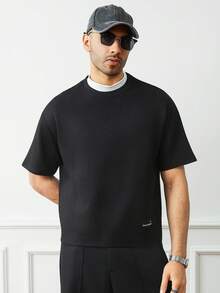 HUEFORM Men's Summer Solid Color Round Neck Short Sleeve Casual Loose T-Shirt , Oversized Boxy Drop Shoulder Tee , Streetwear, Short Loose Fit, Black Crew Neck T-Shirt, Spring Summer Fall Winter - Black - View 4