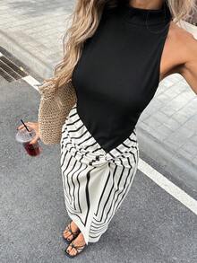 SHEIN PariChic 新品上市：高领无袖连衣裙，搭配几何条纹打结装饰的不对称中长裙——兼具干练的职场优雅和随性不羁的魅力，尽显精致格调。 - 彩色 - 查看 6