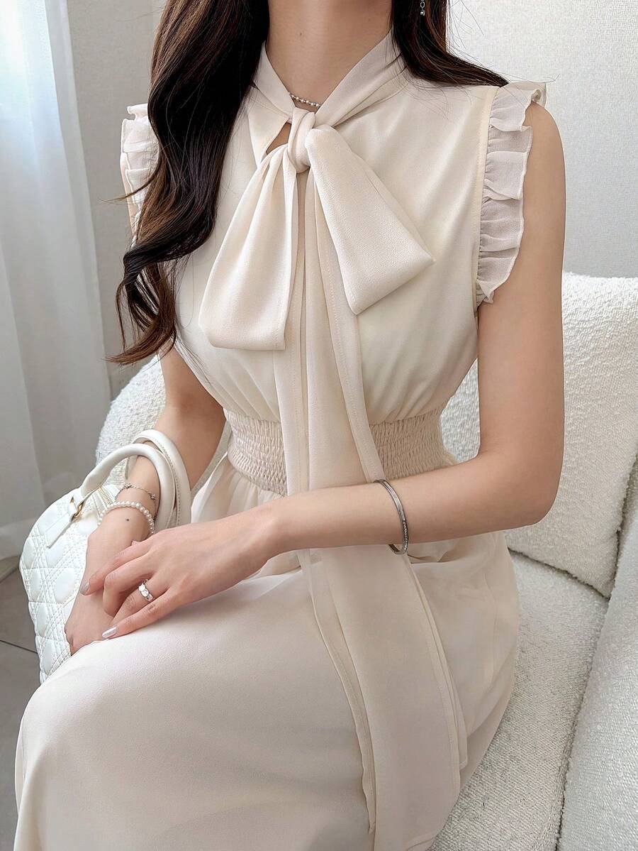 FRIFUL 女士高领蝴蝶结装饰短袖荷叶边长连衣裙,夏季沙滩裙/吊带裙/鸡尾酒裙 - 杏色 - 查看 1