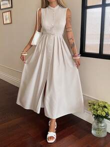 Livesso Gaun Midi Tanpa Lengan Leher Tinggi Warna Putih Elegan untuk Pesta Wanita, Gaun Musim Semi & Musim Panas untuk Wanita - Krem - View 3