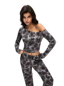 Women's Fashion Asymmetrical Shoulder Long Sleeve Pants Set - Coffee Brown - View 6