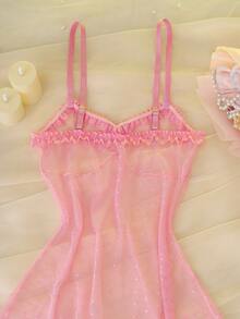 Pink Lace Patchwork Bowknot Sheer Cinched Waist Charming Ladies Nightgown - Pink - View 3