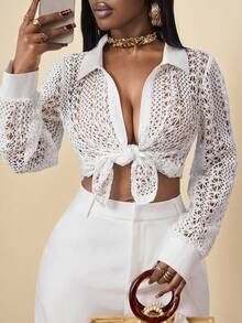 BamGleam Women's Fashionable Sexy Hollow Button Shirt, White Crochet Lace Blouse, Beach, Summer Vacations, Spring Breaks, Wedding Guest, Birthday, Elegant Party Blouse, Carnival Women Look 2026Summer - White - View 4