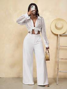 BamGleam Women's Fashionable Sexy Hollow Button Shirt, White Crochet Lace Blouse, Beach, Summer Vacations, Spring Breaks, Wedding Guest, Birthday, Elegant Party Blouse, Carnival Women Look 2026Summer - White - View 7