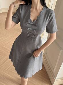 Feyla Elegant Ruffle Hem Bow Tie Dress For Women - Grey - View 1