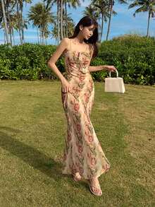 DAZY Women's Summer Beach Vacation Tie-Dye Floral Print Ruffle Hem Bodycon Maxi Slip Dress - Yellow - View 5