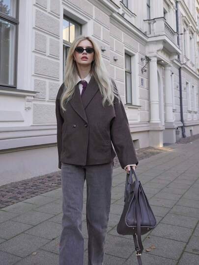 ORNATELLA 女式秋冬现代双面羊毛面料时尚百搭纯色宽松羊毛休闲驼色夹克