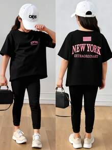 SHEIN 女童“纽约”标语印花短袖上衣和紧身裤套装，黑色和粉色，舒适运动服，Y2K街头风夏季穿搭 - 黑色 - 查看 1