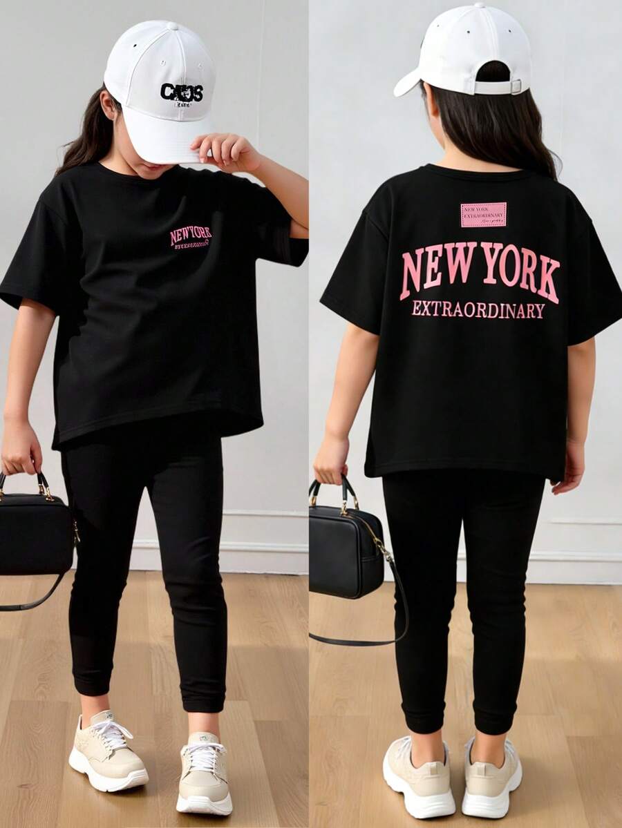 SHEIN 女童“纽约”标语印花短袖上衣和紧身裤套装，黑色和粉色，舒适运动服，Y2K街头风夏季穿搭 - 黑色 - 查看 1