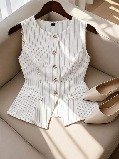 Franclia Blusa sin mangas elegante a rayas para mujer de talla grande, ropa casual de alta gama romántica para el trabajo, las vacaciones, el té de la tarde, con escote en V sexy, cintura anudada, bajo acampanado, top corto para primavera/verano, adecuado para mujeres, blusas elegantes blancas para mujeres, ropa de oficina para mujeres, tops de corsé para mujeres, camiseta blanca sin mangas para mujeres