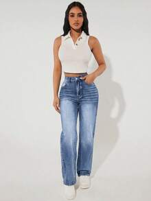 SHEIN PETITE Celana Jeans Denim Wanita Kasual Pinggang Tinggi Potongan Lurus, Serbaguna untuk Perjalanan Sehari-hari, Wanita Bertubuh Mungil - Medium Wash - View 5