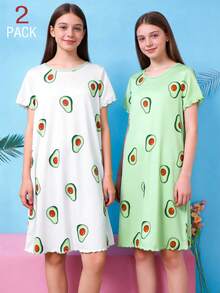 2pcs Teen Girls Avocado Print Pajama Dress, Minimalist Design For Easy Matching, Stretchy And Breathable Knit Fabric, Machine Washable, Comfortable Fit, And Easy Care (Sold Separately) Cute Tops For Summer Teen - Green - View 3