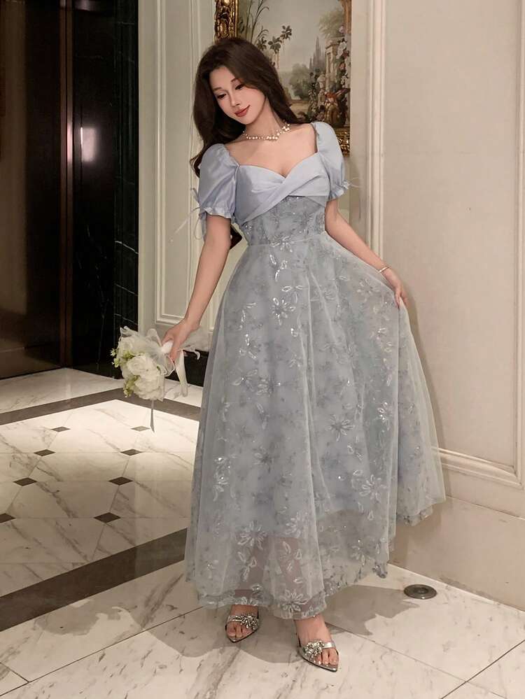 DAZY Women's Elegant Sequin Embroidered Patchwork Mid-Length Dress, Summer - Blue - View 6