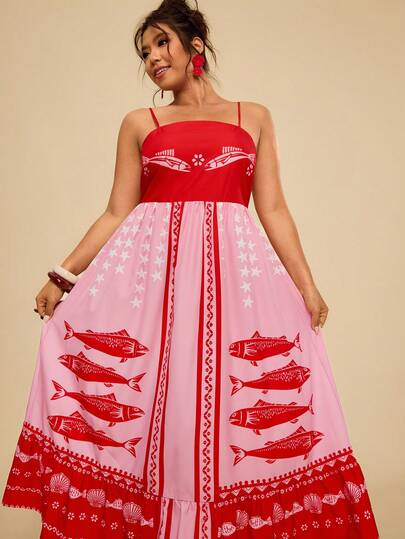 Travachic Plus Size Women Fish Print Sleeveless Dress, Casual Resort Wear