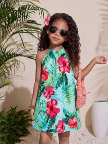 SHEIN 年轻女孩度假休闲时尚编织热带花卉印花吊带连衣裙 - 彩色 - 查看 5