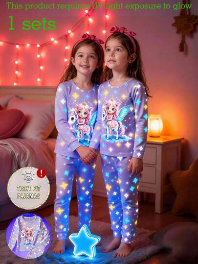 1 Set de pijama para niñas, parte superior de manga larga y pantalones de 2 piezas con estampado de unicornio y estrellas que brillan en la oscuridad de cuento de hadas y fantasía, ajuste ceñido