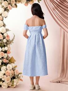 SHEIN Pitira 浅蓝色少女提花露肩优雅连衣裙 - 淺藍色 - 查看 7