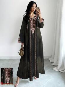 SHEIN Najma Floral Print V-Neck Long Sleeve Olive Green Maxi Dress, Elegant Arabic Style Clothing, Spring/Summer - Multicolor - View 1