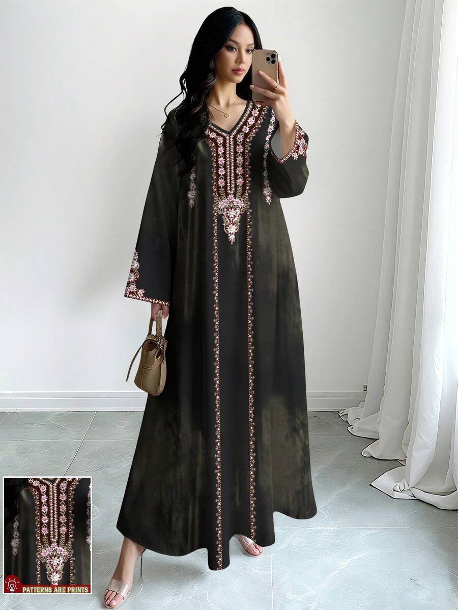 SHEIN Najma Floral Print V-Neck Long Sleeve Olive Green Maxi Dress, Elegant Arabic Style Clothing, Spring/Summer - Multicolor - View 1