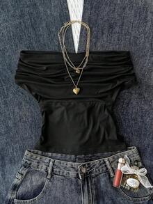 Teen Girl Black Summer Tube Top Strapless Off-Shoulder Fitted Cargo Holiday Top,Versatile Y2k Solid Color High Neck Elegant Top For Beach Vacation - Black - View 9