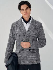 RONVEXI Men's Houndstooth Mandarin Collar Double-Breasted Business Suit Jacket - Black and White - View 6