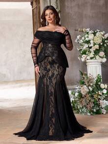 Aureia Plus Size Black Winter Elegant Formal Prom Special Ocassion Off-Shoulder Sequin Lace Splice Sheer Mesh Mermaid Hem Dress For Evening Party Wedding - Black - View 4