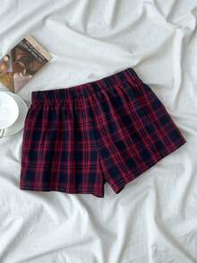 SHEIN 少女夏季休闲格子字母贴布松紧腰短裤 - 藏蓝色 - 查看 2