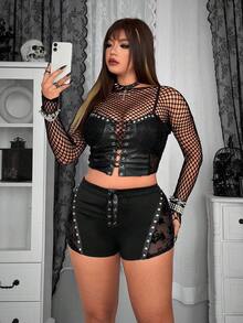 Whyspr Plus Size Women's Black Mesh Patchwork Cinched Waist Fitted Punk Style Goth Shorts,Summer Night Bling Rhinestone Lace Up Shorts - Black - View 5