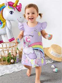 SHEIN Baby Girl Round Neck Cartoon Letter Print Ruffle Sleeve Dress, Suitable For Daily Wear - Purple - View 12