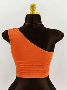 Amplova 大码女式彩色串珠装饰褶皱腰部单肩上衣 - 亮橙色 - 查看 2