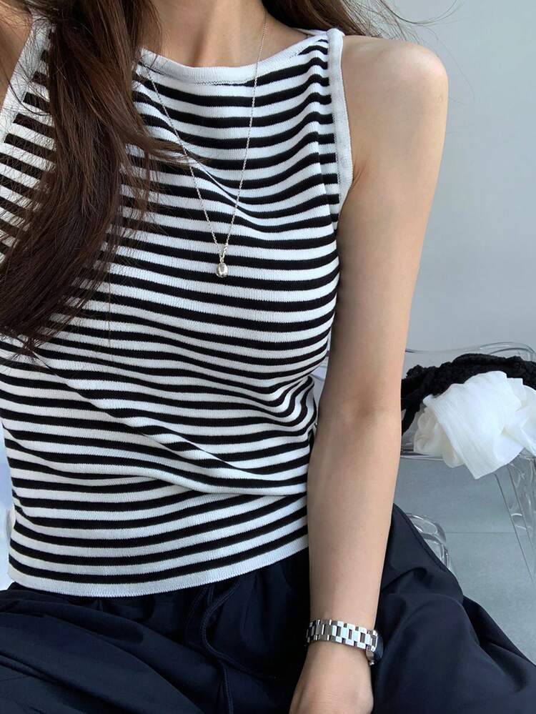 Women's Sleeveless Striped Knit Tank Top, Casual Layering Vest Summer