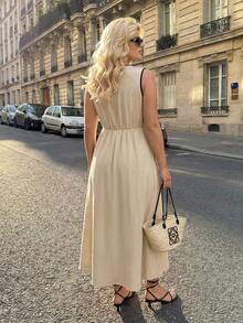 Dripcurv 大码女式夏季杏色无袖长连衣裙，夏季连衣裙，度假装，沙滩裙，乡村风连衣裙，杏色连衣裙，女士度假装。 - 杏色 - 查看 2