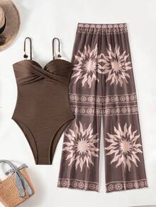 Swim Oasis Brown Two Pieces Swimsuit Set With Mesh Pants And Beaded Accents For Women - Brown - View 2