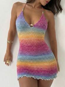 Aloruh Đầm dệt kim ôm sát người kiểu ombre dây mảnh dành cho nữ, mẫu mới mùa Xuân/Hè, đầm dự tiệc gợi cảm cho mùa lễ hội. - Nhiều màu - Xem 6