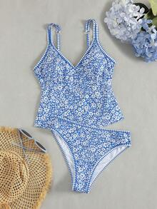 SHEIN Swim Set Baju Renang Tankini Wanita Motif Bunga dengan Tali Bahu Tipis untuk Liburan - Blue and White - View 6