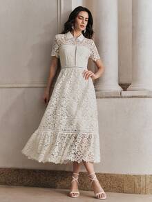 Anewsta Đầm nữ tay ngắn cổ bẻ đính đá lấp lánh, thiết kế dây xích, chất liệu voan mỏng, in hoa, thích hợp cho mùa xuân, hè, các dịp trang trọng, Lễ tình nhân, lễ hội, tiệc tùng, đính sequin, đám cưới. - Trắng ngà - Xem 6