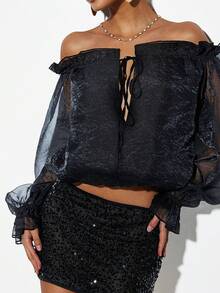 Coolane Conjuntos de ropa de mujer para primavera/verano con estilo chic Y2K bohemio para la playa, uso diario, blusas holgadas de cuello caído cómodas y transparentes - Negro - Ver 4