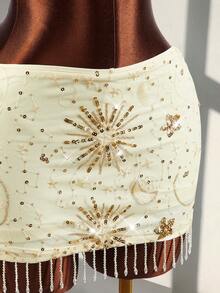 Amplova Vacation Beach Strapless Ruched Mesh Top & Low Waist Sequin Fringe Hem Skirt 2-Piece Set For Women - Light Yellow - View 11