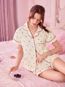 Bonmuse 2件組櫻桃印花女款居家服套裝，短袖翻領開襟上衣 & 寬鬆鬆緊腰短褲，休閒睡衣套裝 & 春夏居家穿搭 - 米色 - 查看 9