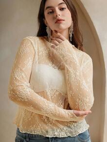 Anewsta Sexy Sheer Lace Long Sleeve Blouse - Apricot - View 7