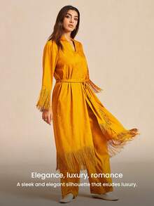 All-Season Mustard Satin Robe Comfortable Tie-Waist Sleep Gown With Fringe Trim Loose-Fit Midi Robe With Fringe Details Pyjama - Yellow - View 3