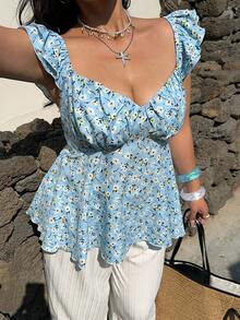 Sunnyshic Plus Size Sweet Ditsy Floral Ruffle Collar Petal Sleeve Blouse - Blue - View 6