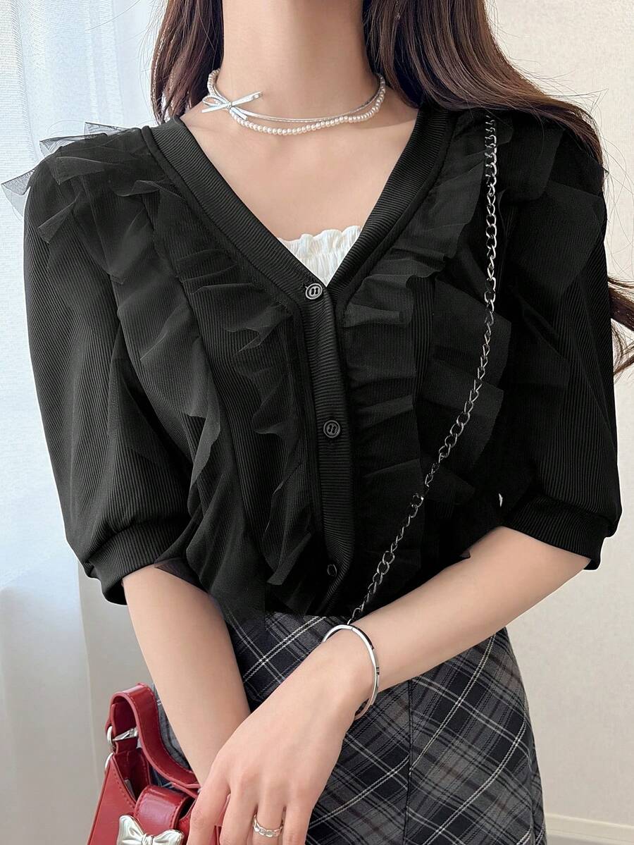 FRIFUL Women's V-Neck Multi-Layer Mesh Ruffle Trim Sweet Short Sleeve Cardigan T-Shirt - Black - View 1