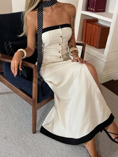 Livesso Spring & Summer Business Casual Minimalist Commuter Black Color Block Splice Elegant Cocktail Party Strapless Midi Dress Cardigan For Women